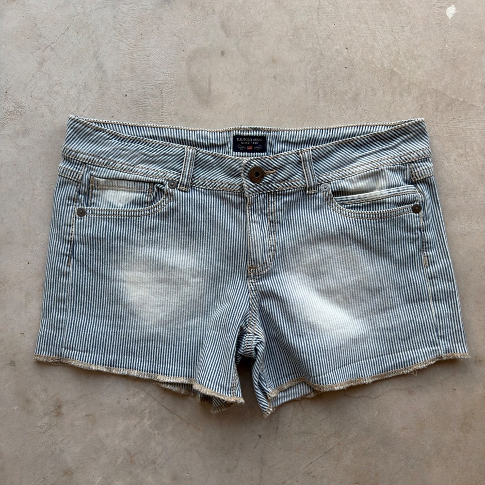 US Polo Assn Vintage Hickory Stripe Denim Shorts Blue Frayed Hem Size 11/12